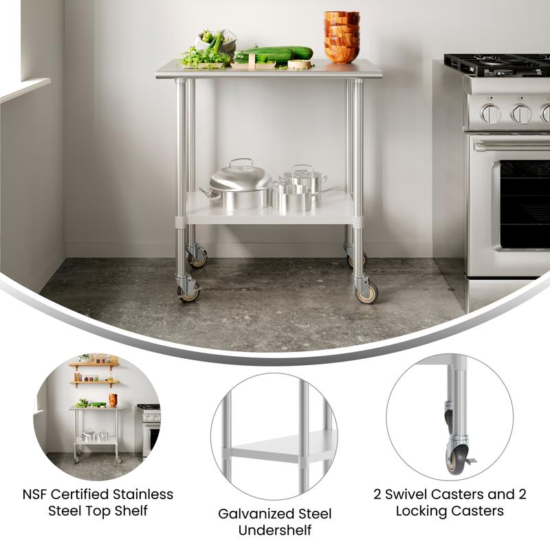 Flash Furniture Reese 24x36 Portable Prep And Work Table With NSF Certified 18 Gauge Stainless Steel Top Shelf Galvanized Steel Undershelf 4 Casters With 2 Locking