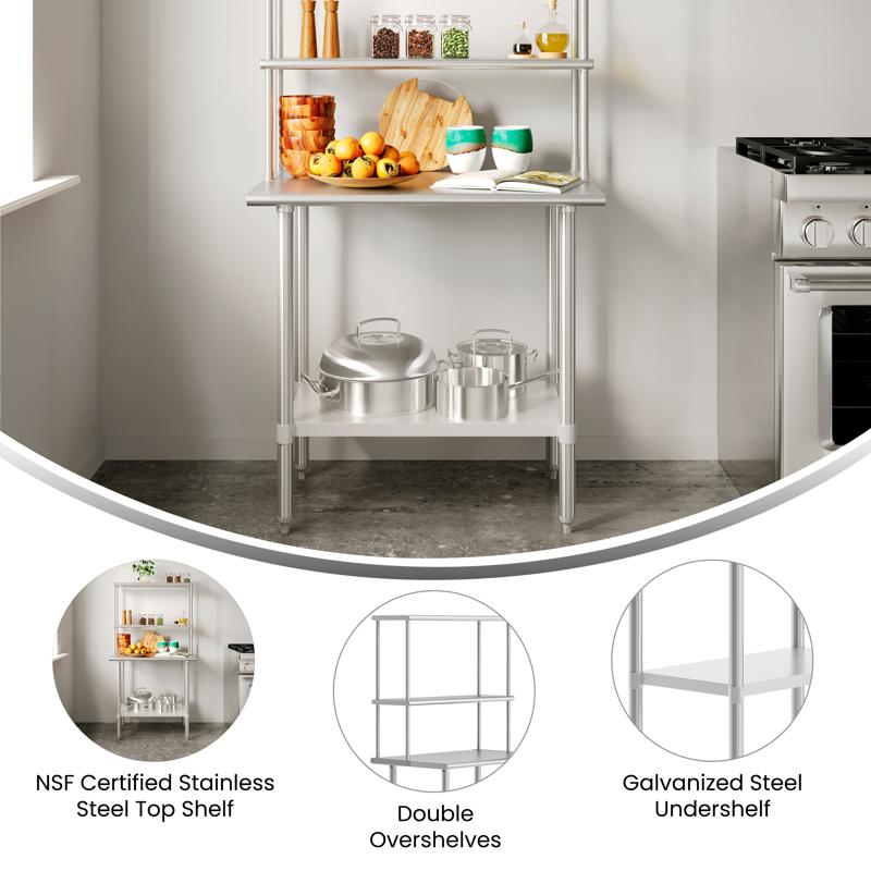 Flash Furniture Reese 24x36 Portable Prep And Work Table With NSF Certified 18 Gauge Stainless Steel Top Shelf And Double Overshelves And Galvanized Steel Undershelf