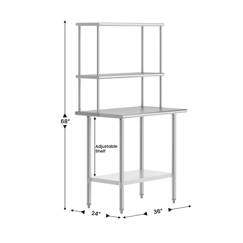 Flash Furniture Reese 24x36 Portable Prep And Work Table With NSF Certified 18 Gauge Stainless Steel Top Shelf And Double Overshelves And Galvanized Steel Undershelf