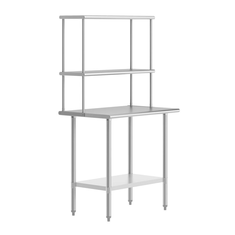 flash furniture Reese 24x36 Portable Prep and Work Table with NSF Certified 18 Gauge Stainless Steel Top Shelf and Double Overshelves and Galvanized Steel Undershelf