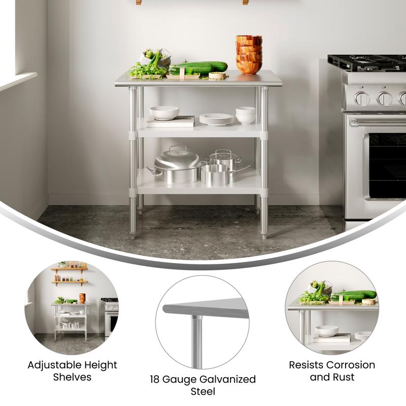Flash Furniture Reese 24x36 Portable Prep And Work Table With NSF Certified 18 Gauge Stainless Steel Top Shelf And 2 Adjustable Galvanized Steel Undershelves