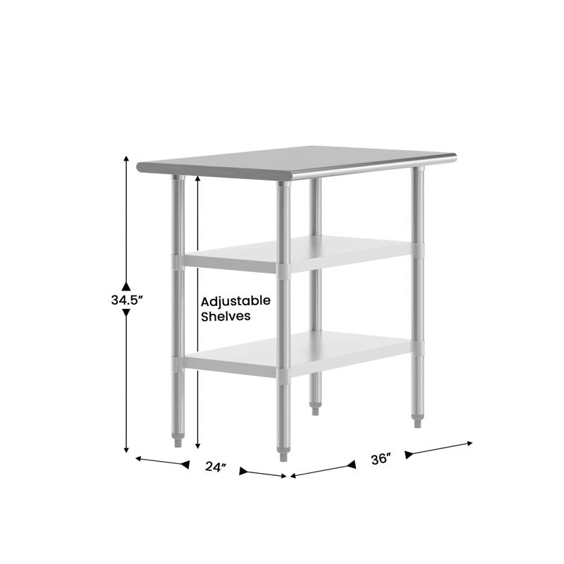 Flash Furniture Reese 24x36 Portable Prep And Work Table With NSF Certified 18 Gauge Stainless Steel Top Shelf And 2 Adjustable Galvanized Steel Undershelves
