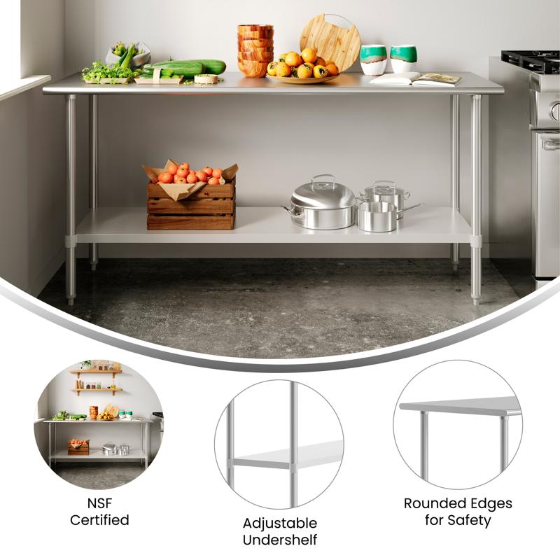 Flash Furniture Reese 24x72 Portable Prep And Work Table With NSF Certified 18 Gauge Stainless Steel Top Shelf And Adjustable Galvanized Steel Undershelf