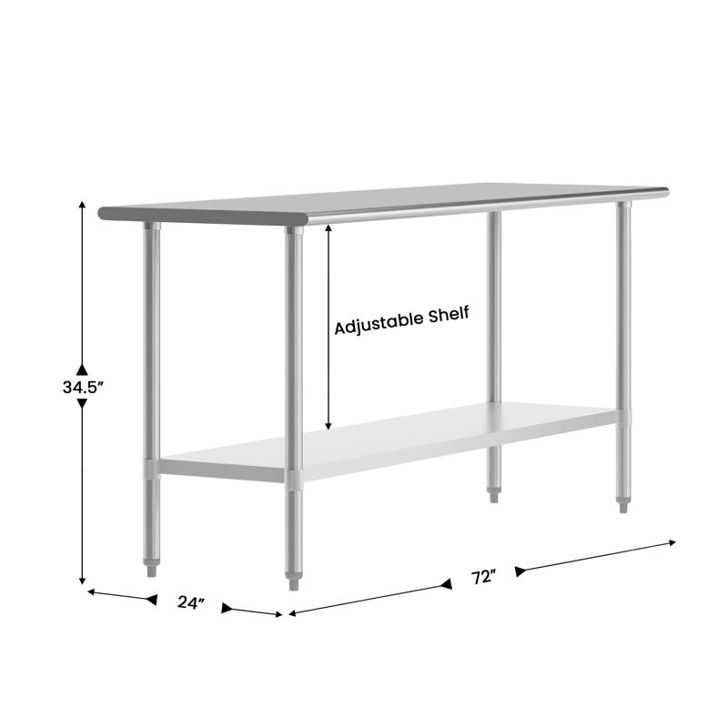 Flash Furniture Reese 24x72 Portable Prep And Work Table With NSF Certified 18 Gauge Stainless Steel Top Shelf And Adjustable Galvanized Steel Undershelf