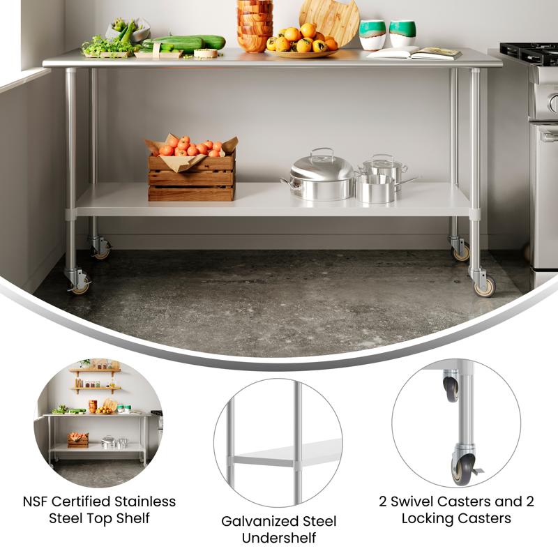 Flash Furniture Reese 24x72 Portable Prep And Work Table With NSF Certified 18 Gauge Stainless Steel Top Shelf Galvanized Steel Undershelf 4 Casters With 2 Locking