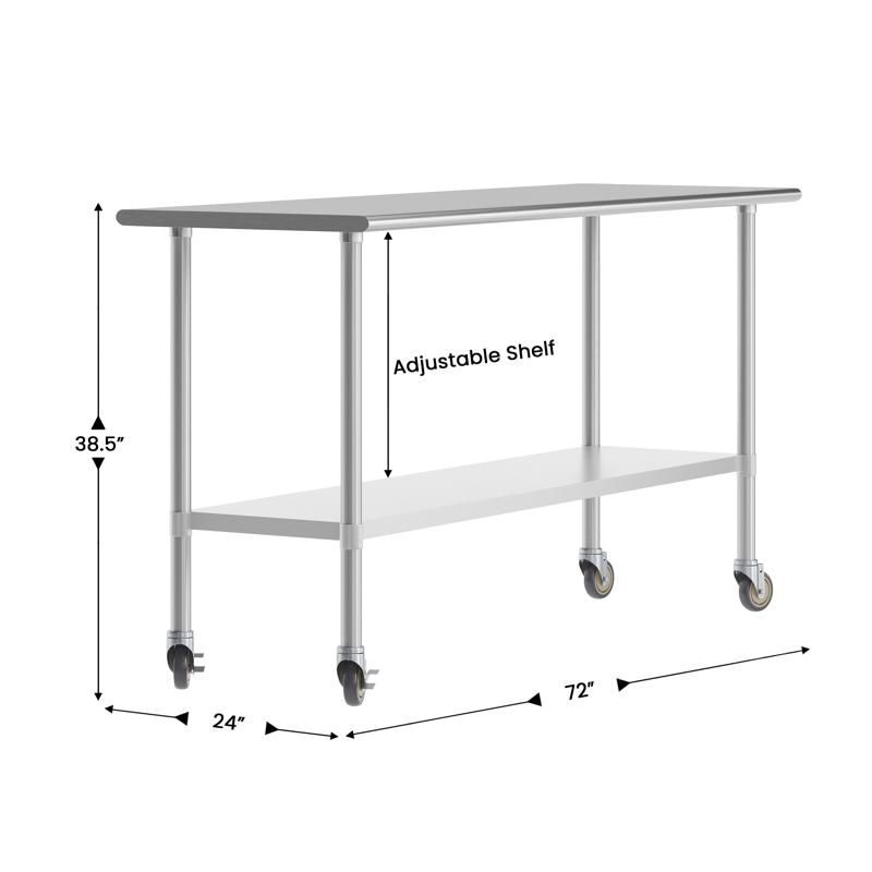 Flash Furniture Reese 24x72 Portable Prep And Work Table With NSF Certified 18 Gauge Stainless Steel Top Shelf Galvanized Steel Undershelf 4 Casters With 2 Locking