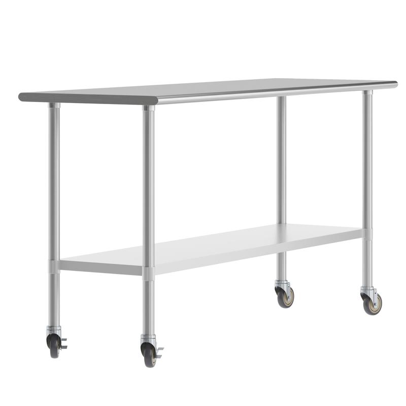 flash furniture Reese 24x72 Portable Prep and Work Table with NSF Certified 18 Gauge Stainless Steel Top Shelf Galvanized Steel Undershelf 4 Casters with 2 Locking