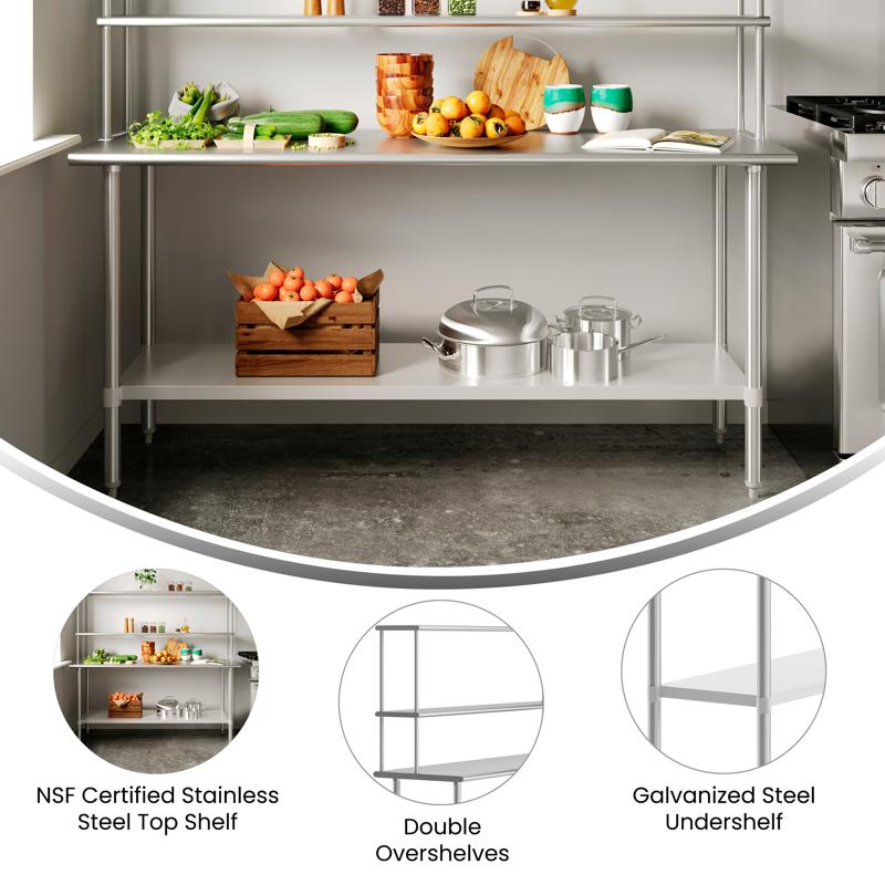 Flash Furniture Reese 24x72 Portable Prep And Work Table With NSF Certified 18 Gauge Stainless Steel Top Shelf And Double Overshelves And Galvanized Steel Undershelf