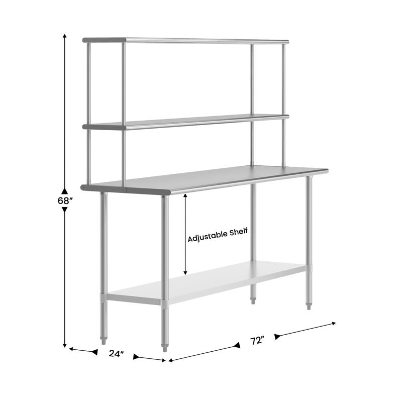 Flash Furniture Reese 24x72 Portable Prep And Work Table With NSF Certified 18 Gauge Stainless Steel Top Shelf And Double Overshelves And Galvanized Steel Undershelf