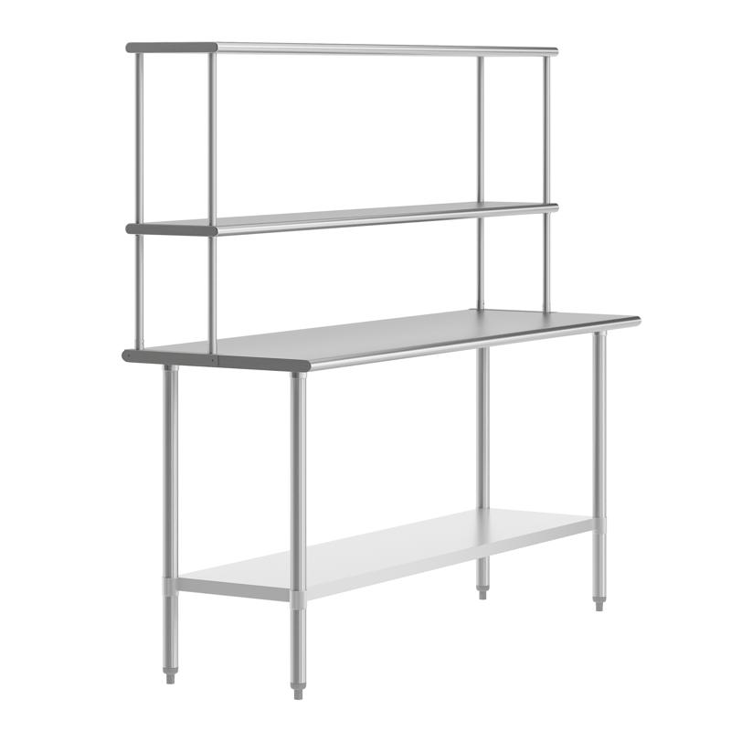 flash furniture Reese 24x72 Portable Prep and Work Table with NSF Certified 18 Gauge Stainless Steel Top Shelf and Double Overshelves and Galvanized Steel Undershelf