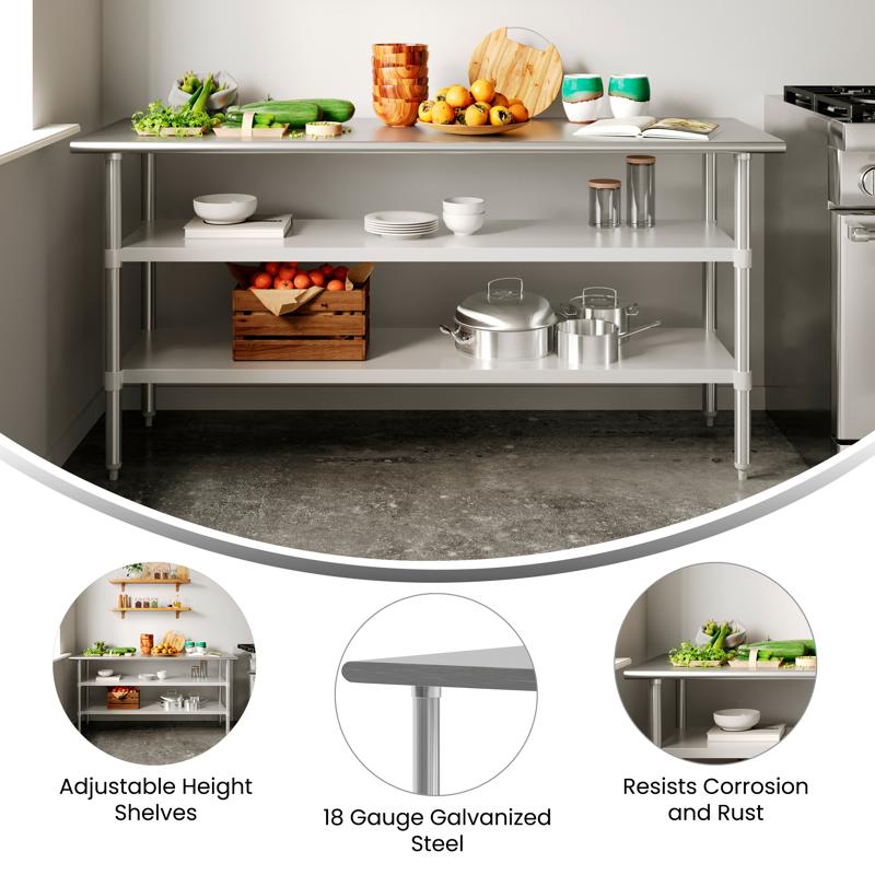 Flash Furniture Reese 24x72 Portable Prep And Work Table With NSF Certified 18 Gauge Stainless Steel Top Shelf And 2 Adjustable Galvanized Steel Undershelves
