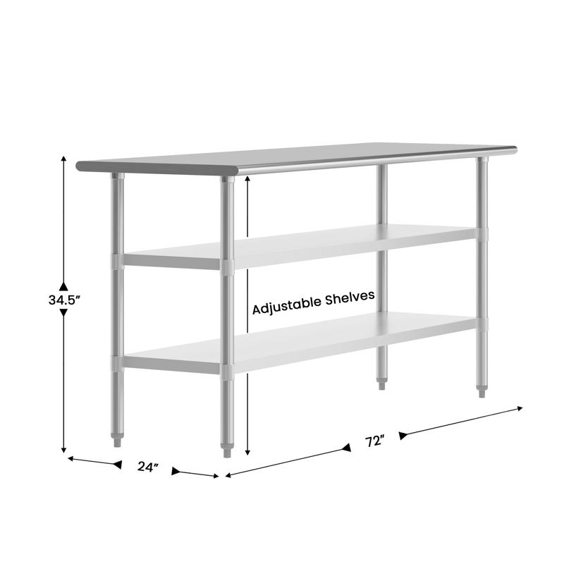 Flash Furniture Reese 24x72 Portable Prep And Work Table With NSF Certified 18 Gauge Stainless Steel Top Shelf And 2 Adjustable Galvanized Steel Undershelves