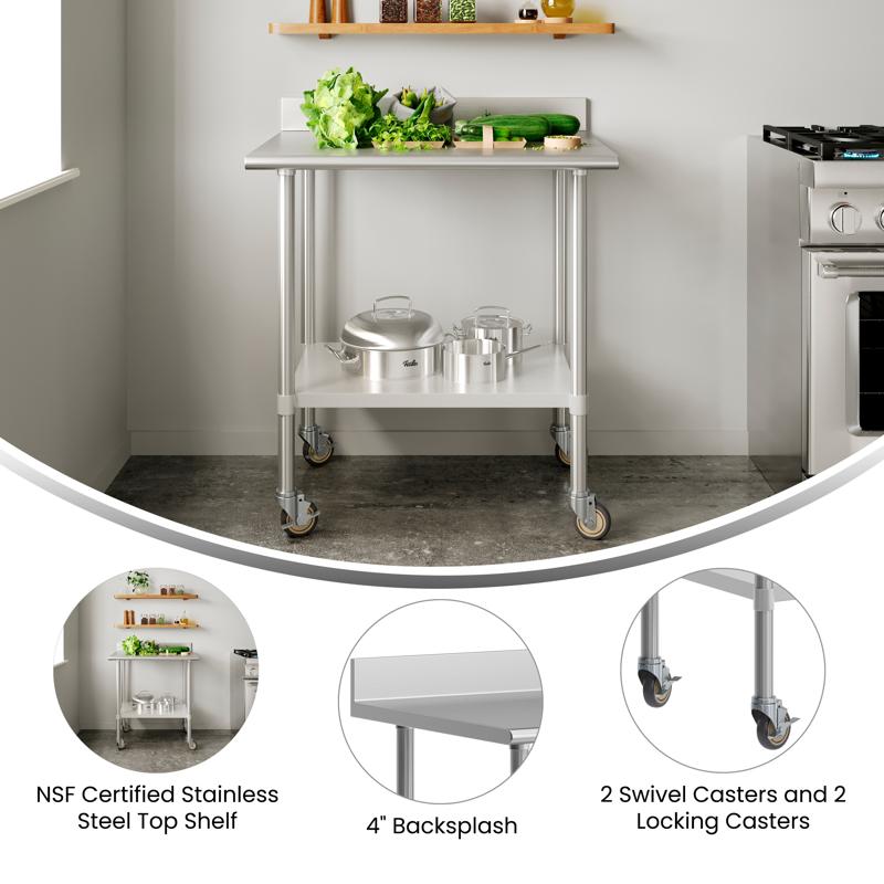 Flash Furniture Reese 30" X 36" Prep And Work Table With NSF Certified Stainless Steel Top Shelf 4" Backsplash Adjustable Galvanized Steel Undershelf 4 Casters