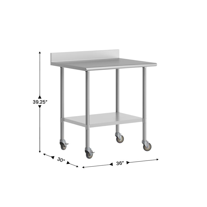 Flash Furniture Reese 30" X 36" Prep And Work Table With NSF Certified Stainless Steel Top Shelf 4" Backsplash Adjustable Galvanized Steel Undershelf 4 Casters