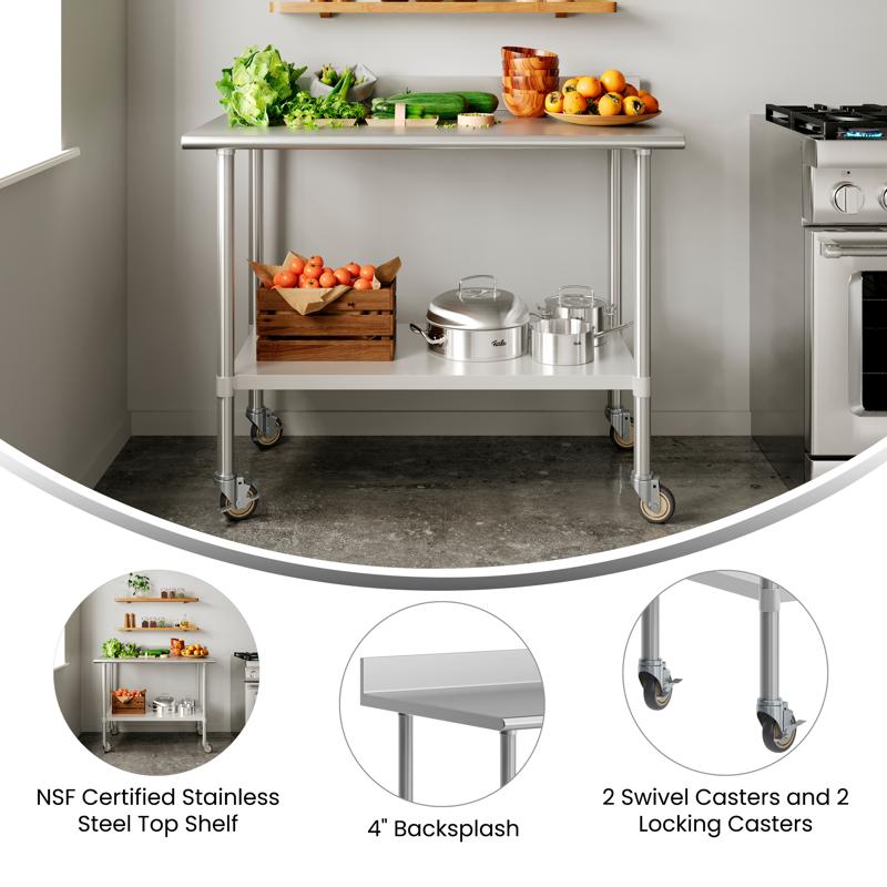 Flash Furniture Reese 30" X 48" Prep And Work Table With NSF Certified Stainless Steel Top Shelf 4" Backsplash Adjustable Galvanized Steel Undershelf 4 Casters