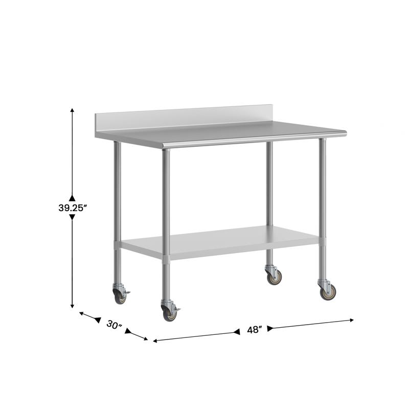 Flash Furniture Reese 30" X 48" Prep And Work Table With NSF Certified Stainless Steel Top Shelf 4" Backsplash Adjustable Galvanized Steel Undershelf 4 Casters