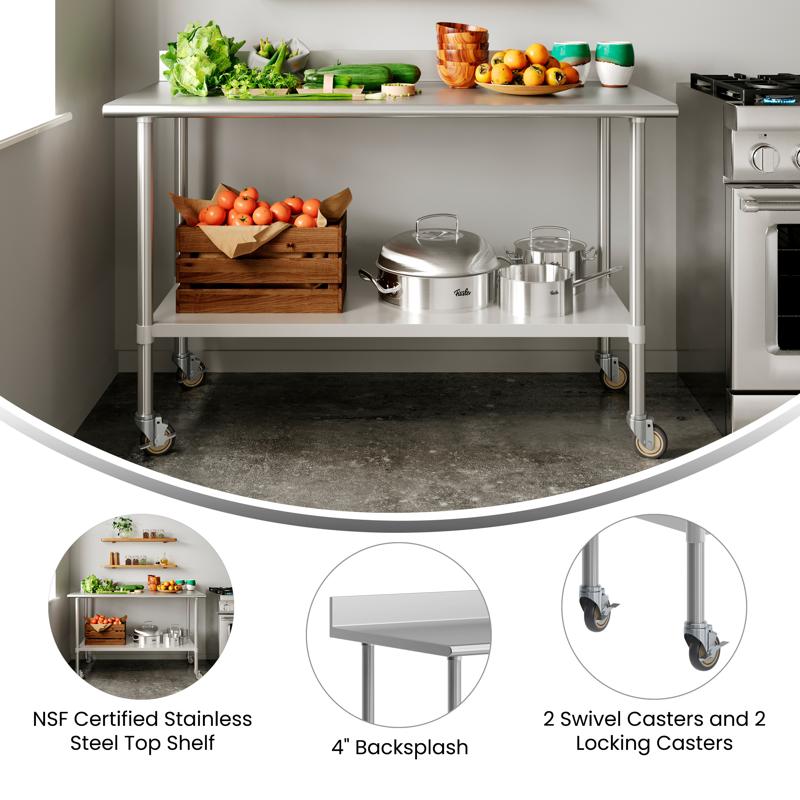 Flash Furniture Reese 30" X 60" Prep And Work Table With NSF Certified Stainless Steel Top Shelf 4" Backsplash Adjustable Galvanized Steel Undershelf 4 Casters