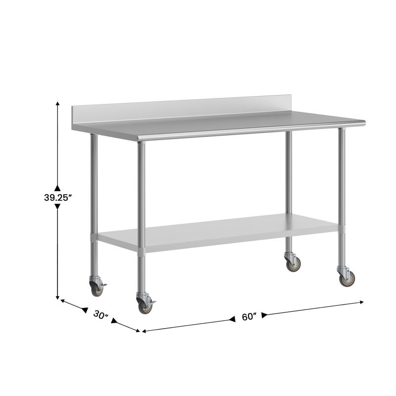 Flash Furniture Reese 30" X 60" Prep And Work Table With NSF Certified Stainless Steel Top Shelf 4" Backsplash Adjustable Galvanized Steel Undershelf 4 Casters