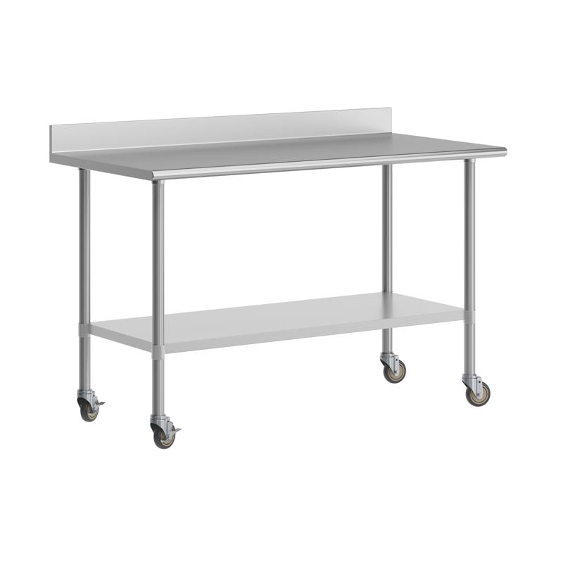 flash furniture Reese 30" x 60" Prep and Work Table with NSF Certified Stainless Steel Top Shelf 4" Backsplash Adjustable Galvanized Steel Undershelf 4 Casters