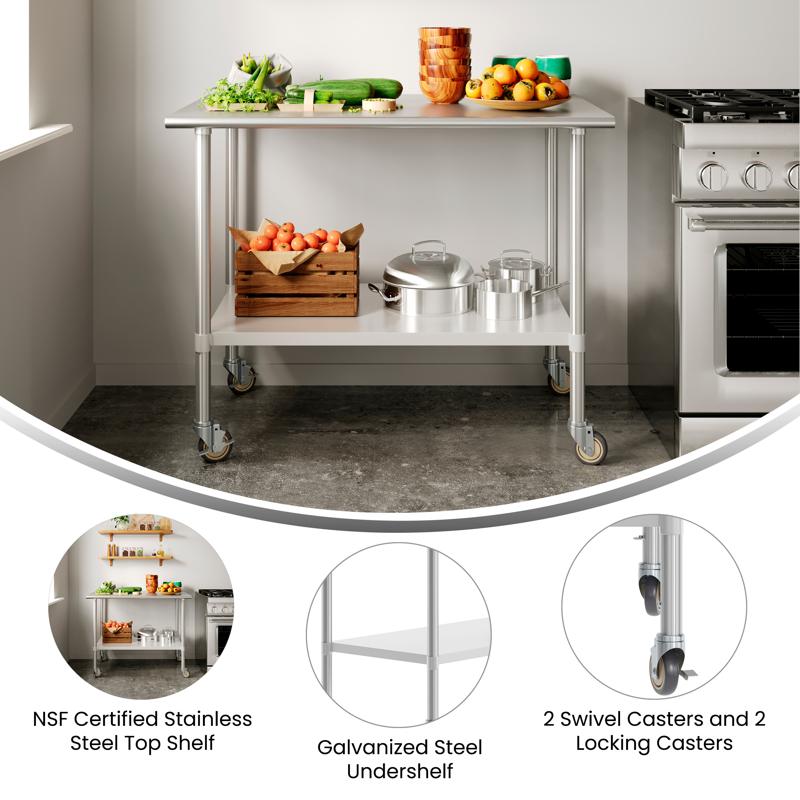 Flash Furniture Reese 30x48 Portable Prep And Work Table With NSF Certified 18 Gauge Stainless Steel Top Shelf Galvanized Steel Undershelf 4 Casters With 2 Locking