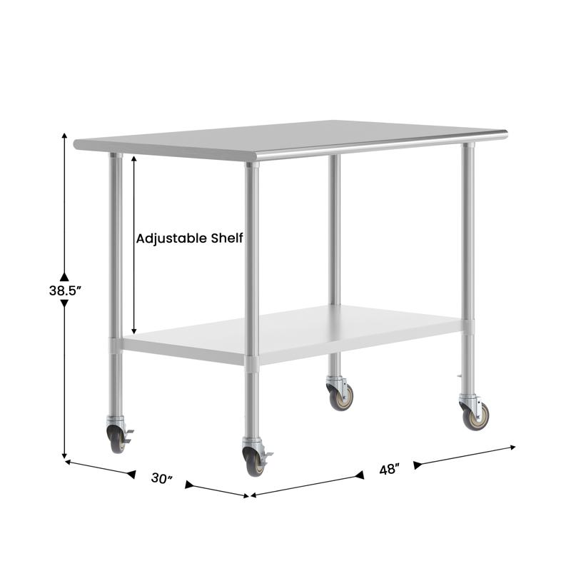 Flash Furniture Reese 30x48 Portable Prep And Work Table With NSF Certified 18 Gauge Stainless Steel Top Shelf Galvanized Steel Undershelf 4 Casters With 2 Locking