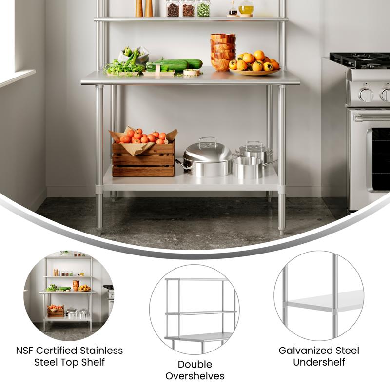 Flash Furniture Reese 30x48 Portable Prep And Work Table With NSF Certified 18 Gauge Stainless Steel Top Shelf And Double Overshelves And Galvanized Steel Undershelf