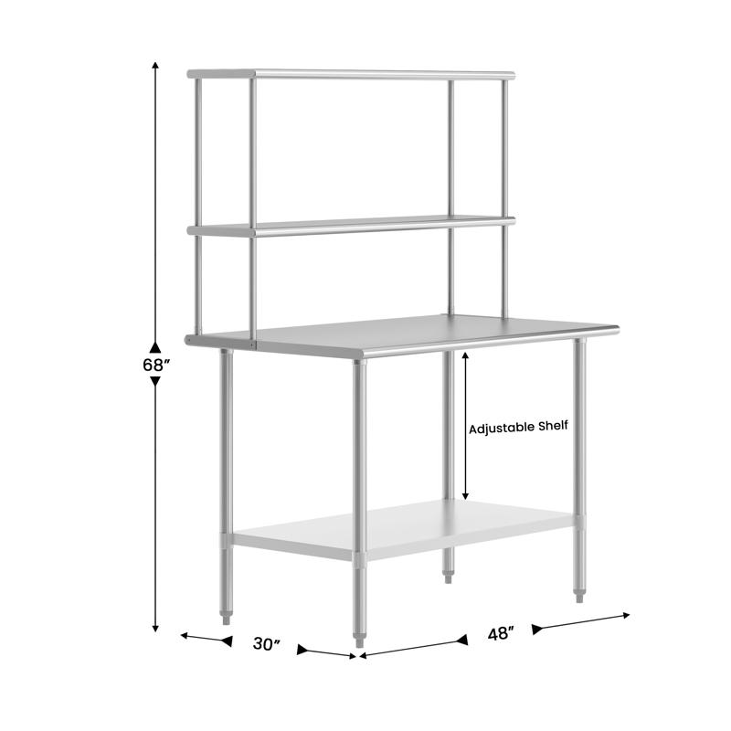 Flash Furniture Reese 30x48 Portable Prep And Work Table With NSF Certified 18 Gauge Stainless Steel Top Shelf And Double Overshelves And Galvanized Steel Undershelf