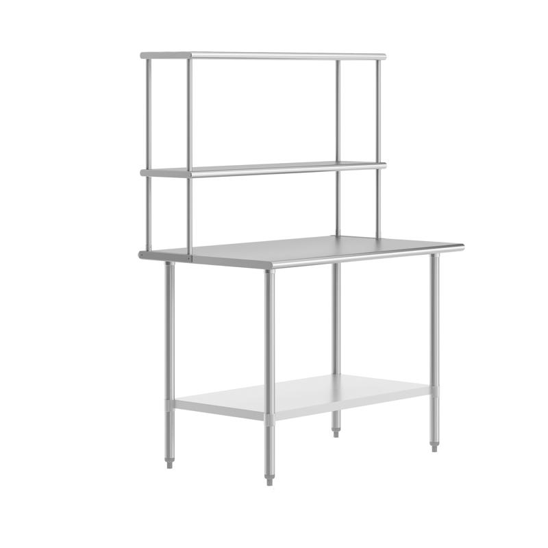 flash furniture Reese 30x48 Portable Prep and Work Table with NSF Certified 18 Gauge Stainless Steel Top Shelf and Double Overshelves and Galvanized Steel Undershelf