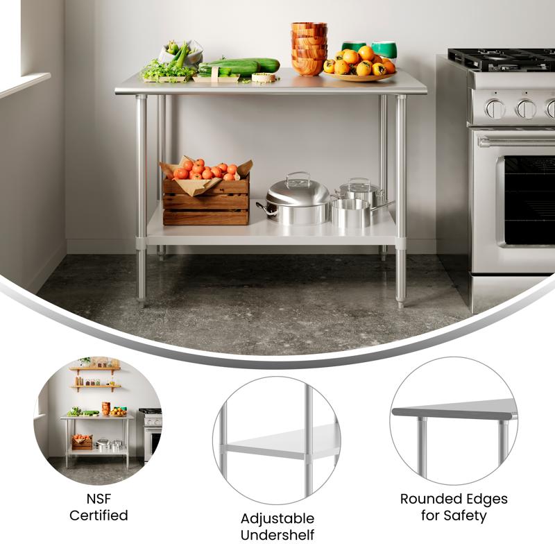 Flash Furniture Reese 30x48 Portable Prep And Work Table With NSF Certified 18 Gauge Stainless Steel Top Shelf And Adjustable Galvanized Steel Undershelf