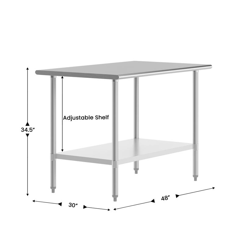 Flash Furniture Reese 30x48 Portable Prep And Work Table With NSF Certified 18 Gauge Stainless Steel Top Shelf And Adjustable Galvanized Steel Undershelf
