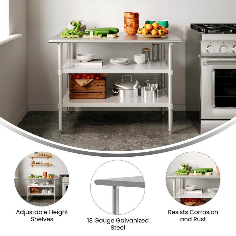 Flash Furniture Reese 30x48 Portable Prep And Work Table With NSF Certified 18 Gauge Stainless Steel Top Shelf And 2 Adjustable Galvanized Steel Undershelves