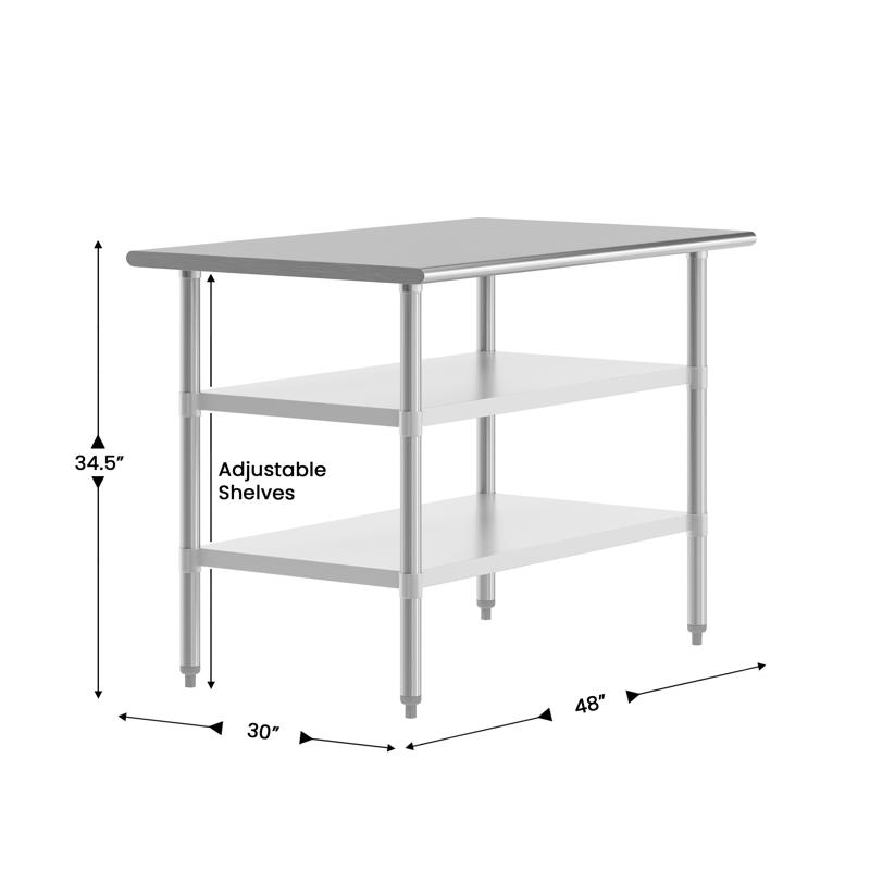 Flash Furniture Reese 30x48 Portable Prep And Work Table With NSF Certified 18 Gauge Stainless Steel Top Shelf And 2 Adjustable Galvanized Steel Undershelves