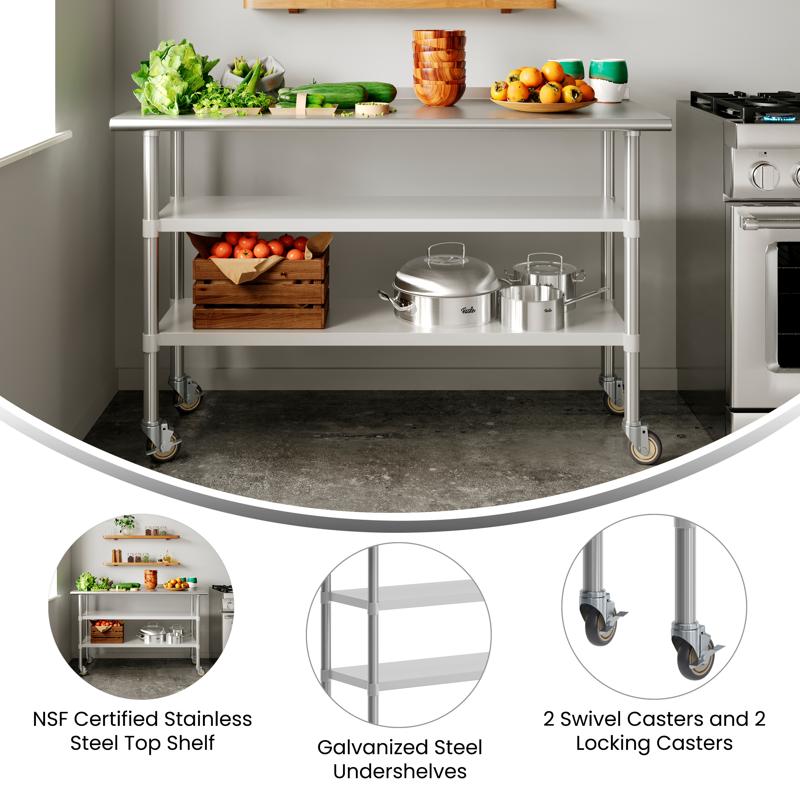 Flash Furniture Reese NSF Certified Stainless Steel Prep And Work Table 24"x 60" With 2 Galvanized Steel Undershelves And 4 Casters Heavy Duty Food Prep Worktable