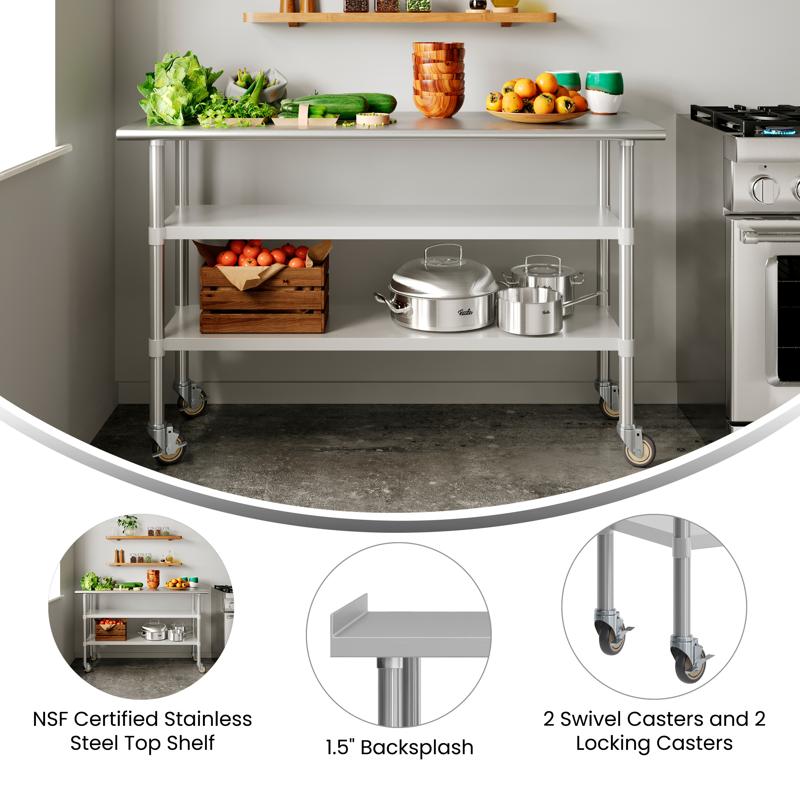 Flash Furniture Reese NSF Certified Stainless Steel Prep And Work Table 24"x 60" With 1.5" Backsplash 2 Galvanized Steel Undershelves And 4 Casters 2 Locking