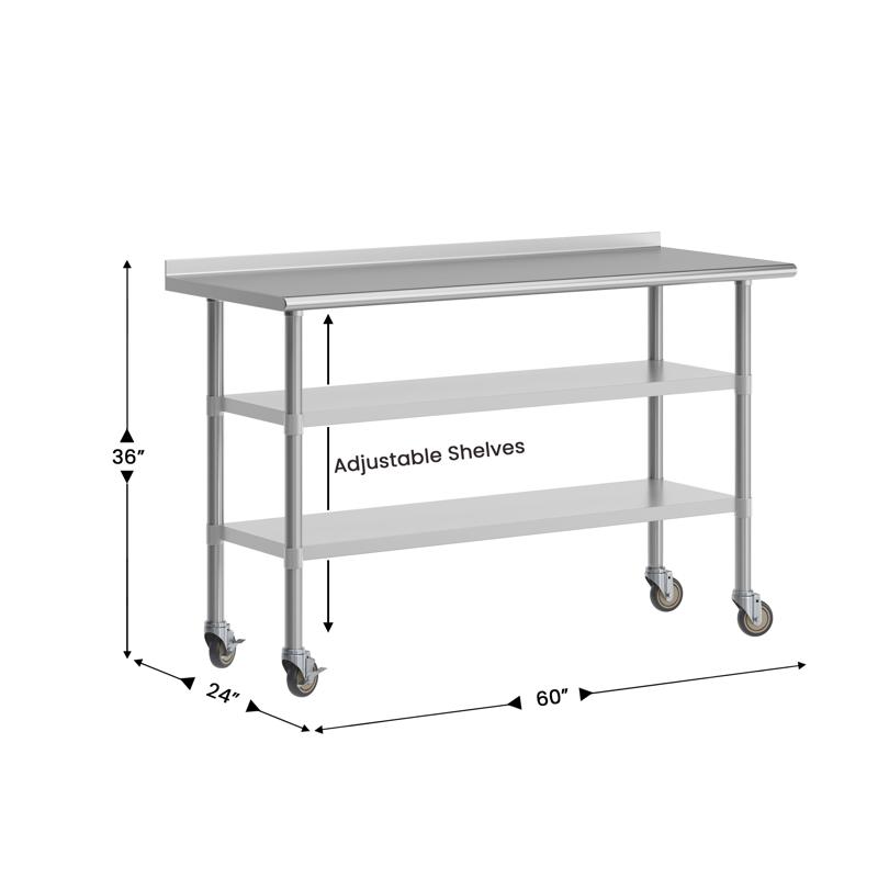 Flash Furniture Reese NSF Certified Stainless Steel Prep And Work Table 24"x 60" With 1.5" Backsplash 2 Galvanized Steel Undershelves And 4 Casters 2 Locking