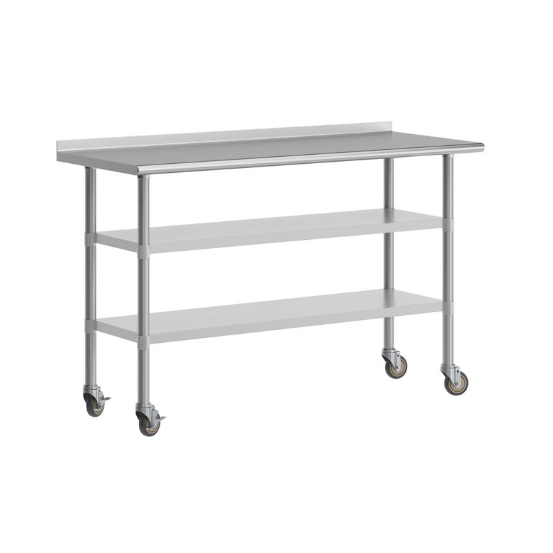 flash furniture Reese NSF Certified Stainless Steel Prep and Work Table 24"x 60" with 1.5" Backsplash 2 Galvanized Steel Undershelves and 4 Casters 2 Locking