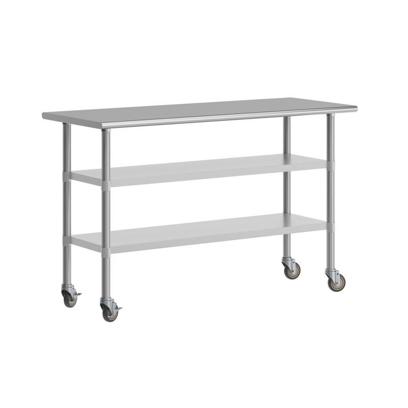 flash furniture Reese NSF Certified Stainless Steel Prep and Work Table 24"x 60" with 2 Galvanized Steel Undershelves and 4 Casters Heavy Duty Food Prep Worktable
