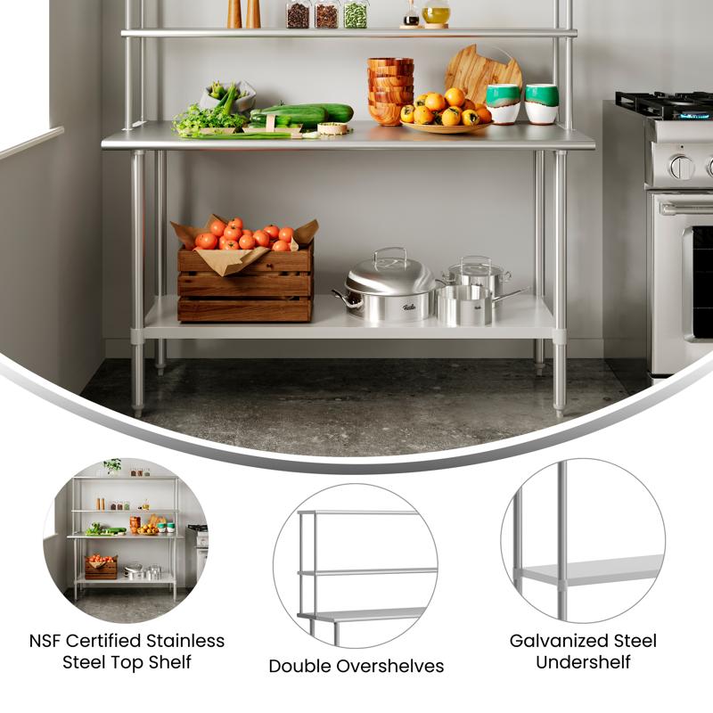Flash Furniture Reese Portable Prep And Work Table With NSF Certified 18 Gauge Stainless Steel Top Shelf And Double Overshelves And Galvanized Steel Undershelf