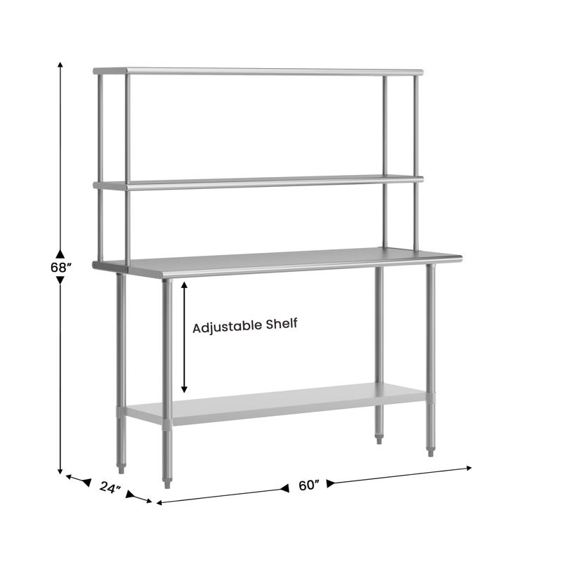 Flash Furniture Reese Portable Prep And Work Table With NSF Certified 18 Gauge Stainless Steel Top Shelf And Double Overshelves And Galvanized Steel Undershelf