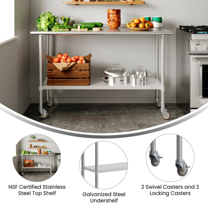 Flash Furniture Reese Portable Prep And Work Table With NSF Certified 18 Gauge Stainless Steel Top Shelf Galvanized Steel Undershelf And 4 Casters With 2 Locking