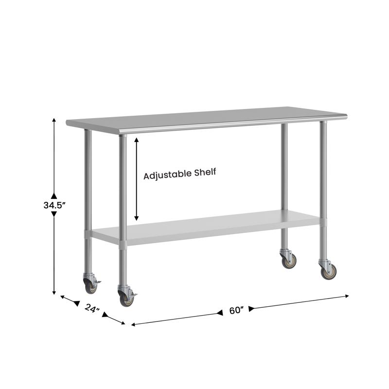 Flash Furniture Reese Portable Prep And Work Table With NSF Certified 18 Gauge Stainless Steel Top Shelf Galvanized Steel Undershelf And 4 Casters With 2 Locking
