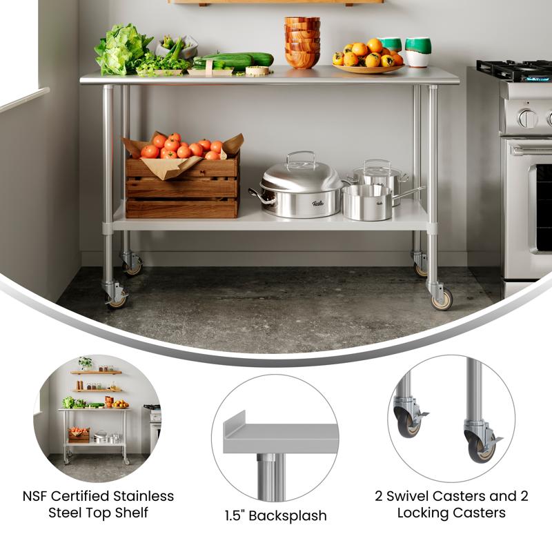 Flash Furniture Reese Portable Prep And Work Table With NSF Certified Stainless Steel Top Shelf 1.5" Backsplash Galvanized Steel Undershelf 4 Casters 2 Locking