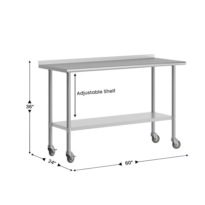 Flash Furniture Reese Portable Prep And Work Table With NSF Certified Stainless Steel Top Shelf 1.5" Backsplash Galvanized Steel Undershelf 4 Casters 2 Locking