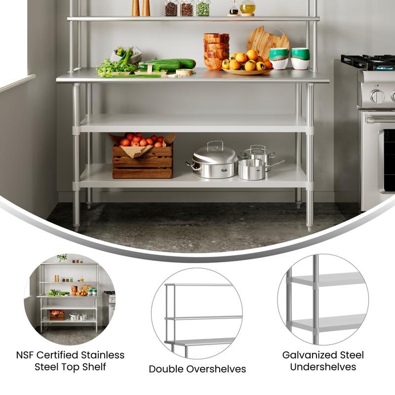 Flash Furniture Reese Portable Prep And Work Table With NSF Certified 18 Gauge Stainless Steel Top Shelf And Double Overshelves 2 Galvanized Steel Undershelves