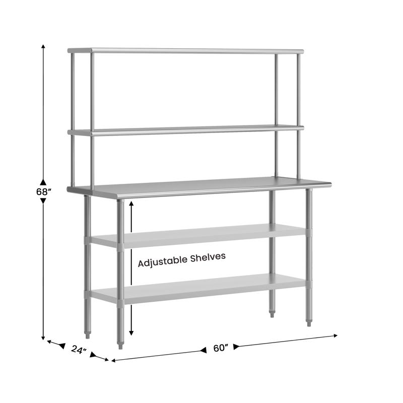 Flash Furniture Reese Portable Prep And Work Table With NSF Certified 18 Gauge Stainless Steel Top Shelf And Double Overshelves 2 Galvanized Steel Undershelves