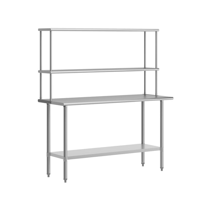 flash furniture Reese Portable Prep and Work Table with NSF Certified 18 Gauge Stainless Steel Top Shelf and Double Overshelves and Galvanized Steel Undershelf