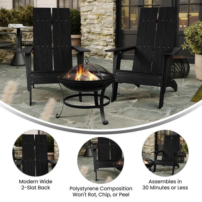Flash Furniture Sawyer Set Of 2 Black Modern Charlestown Commercial All-Weather 2-Slat Poly Resin Adirondack Chairs With 22" Round Wood Burning Fire Pit
