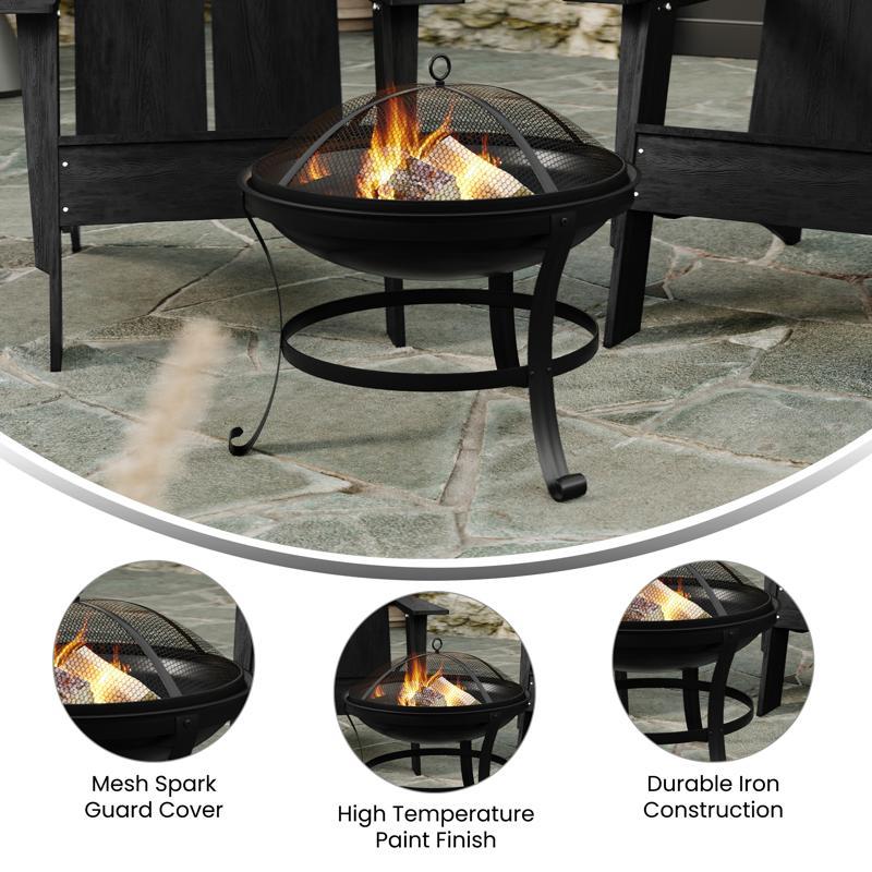 Flash Furniture Sawyer Set Of 2 Black Modern Charlestown Commercial All-Weather 2-Slat Poly Resin Adirondack Chairs With 22" Round Wood Burning Fire Pit