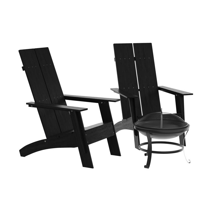 flash furniture Sawyer Set of 2 Black Modern Charlestown Commercial All-Weather 2-Slat Poly Resin Adirondack Chairs with 22" Round Wood Burning Fire Pit