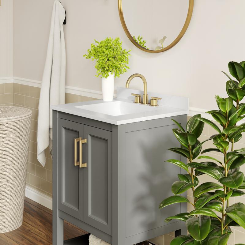 Flash Furniture Vega 24" Bathroom Vanity With Sink Storage Cabinet With Soft Close Doors & Open Shelf Carrara Marble Finish Counter & Gold Hardware Gray/White